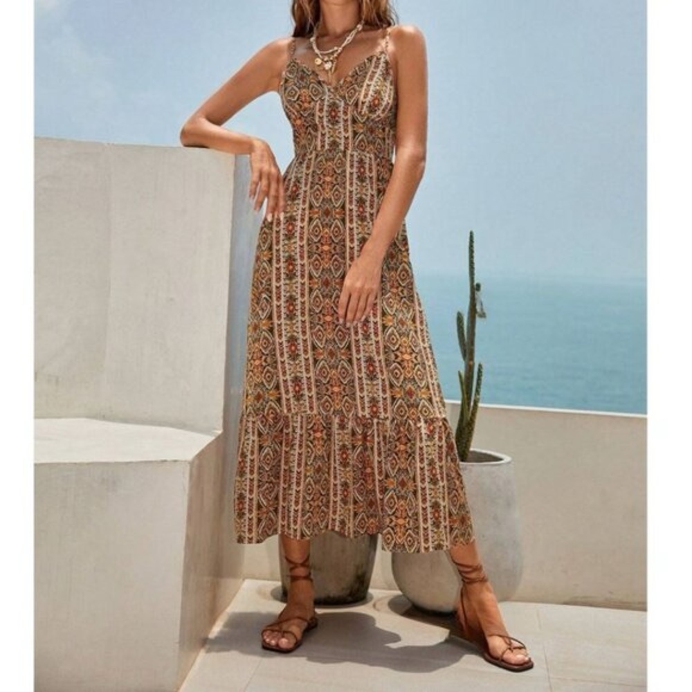 Boho Graphic Print Ruffle Hem Cami Dress